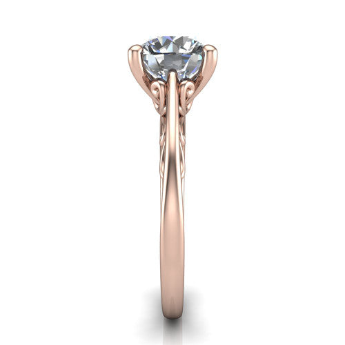 Genesis round vintage solitaire engagement ring in 18K Rose Gold with filigree scrollwork band, side profile showing the scrolled filigree under-gallery