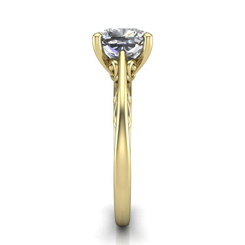 Genesis cushion vintage solitaire engagement ring in 18K Yellow Gold with filigree scrollwork band, side profile showing the scrolled filigree under-gallery