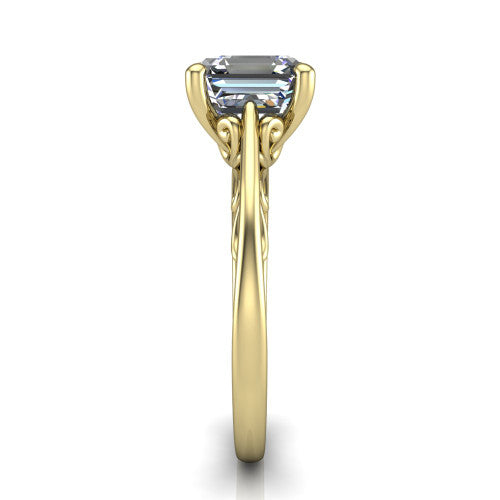Genesis asscher vintage solitaire engagement ring in 18K Yellow Gold with filigree scrollwork band, side profile showing the scrolled filigree under-gallery