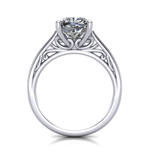 Genesis cushion vintage solitaire engagement ring in Platinum with filigree scrollwork band, through-finger front profile showing the filigree gallery