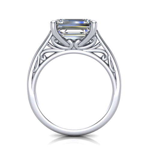 Genesis emerald vintage solitaire engagement ring in Platinum with filigree scrollwork band, through-finger front profile showing the filigree gallery