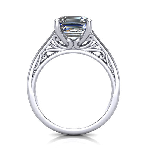 Genesis asscher vintage solitaire engagement ring in Platinum with filigree scrollwork band, through-finger front profile showing the filigree gallery