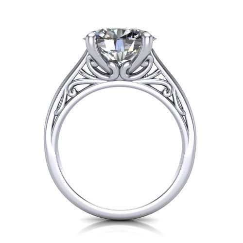 Genesis oval vintage solitaire engagement ring in 14K White Gold with filigree scrollwork band, through-finger front profile showing the filigree gallery