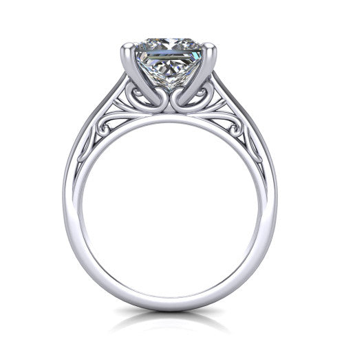 Genesis princess vintage solitaire engagement ring in Platinum with filigree scrollwork band, through-finger front profile showing the filigree gallery