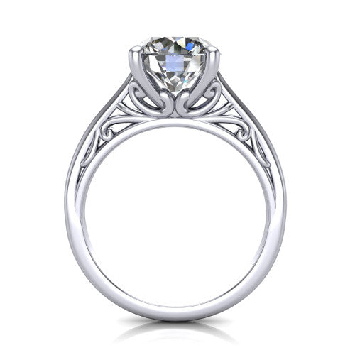 Genesis round vintage solitaire engagement ring in 14K White Gold with filigree scrollwork band, through-finger front profile showing the filigree gallery