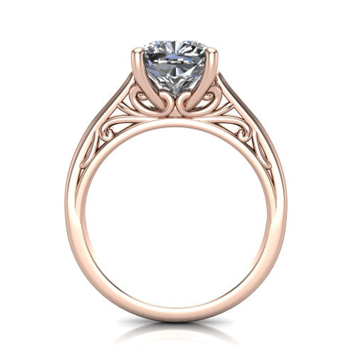 Genesis cushion vintage solitaire engagement ring in 14K Rose Gold with filigree scrollwork band, through-finger front profile showing the filigree gallery