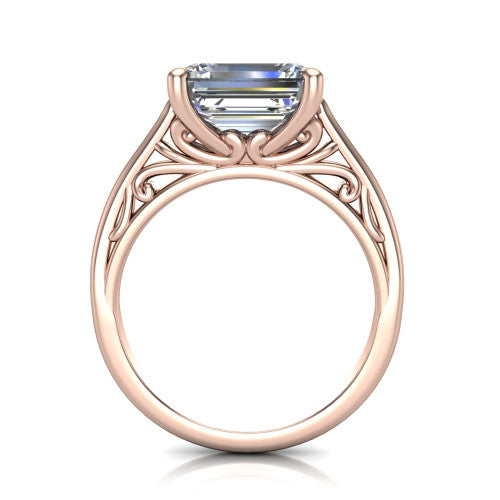 Genesis emerald vintage solitaire engagement ring in 18K Rose Gold with filigree scrollwork band, through-finger front profile showing the filigree gallery