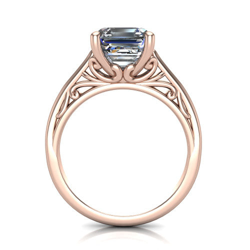 Genesis asscher vintage solitaire engagement ring in 14K Rose Gold with filigree scrollwork band, through-finger front profile showing the filigree gallery