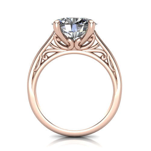 Genesis oval vintage solitaire engagement ring in 18K Rose Gold with filigree scrollwork band, through-finger front profile showing the filigree gallery