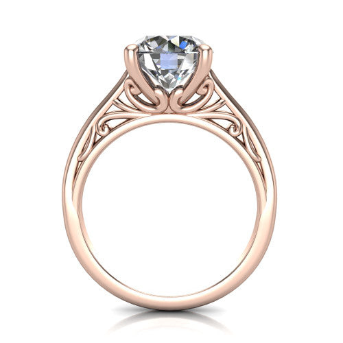 Genesis round vintage solitaire engagement ring in 18K Rose Gold with filigree scrollwork band, through-finger front profile showing the filigree gallery