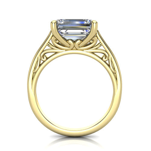Genesis emerald vintage solitaire engagement ring in 14K Yellow Gold with filigree scrollwork band, through-finger front profile showing the filigree gallery