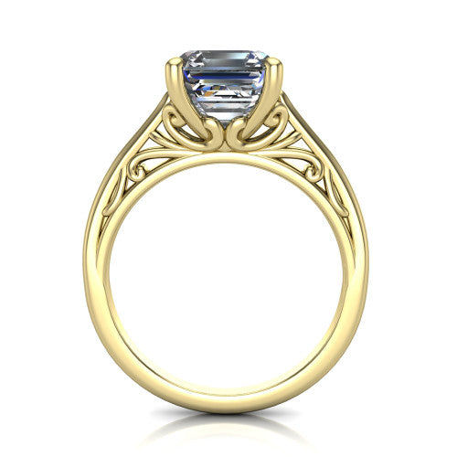 Genesis asscher vintage solitaire engagement ring in 18K Yellow Gold with filigree scrollwork band, through-finger front profile showing the filigree gallery