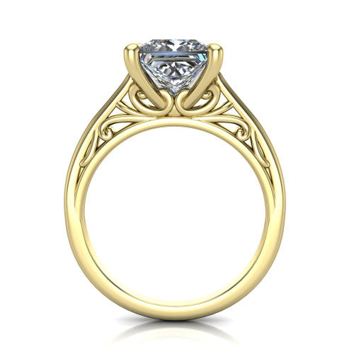 Genesis princess vintage solitaire engagement ring in 18K Yellow Gold with filigree scrollwork band, through-finger front profile showing the filigree gallery