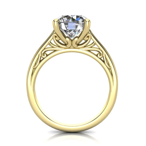 Genesis round vintage solitaire engagement ring in 18K Yellow Gold with filigree scrollwork band, through-finger front profile showing the filigree gallery