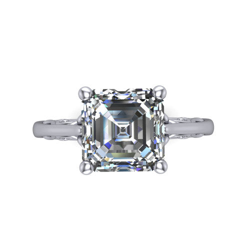 Genesis asscher vintage solitaire engagement ring in 18K White Gold with filigree scrollwork band, top-down view of the four-prong center and filigree shoulders