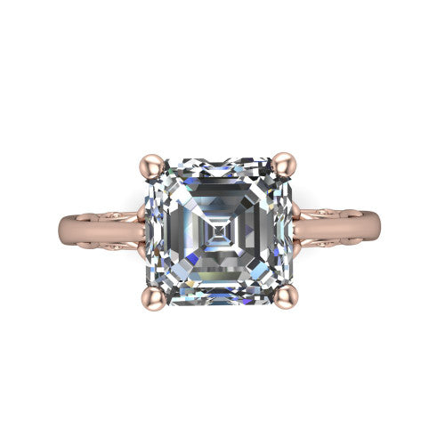 Genesis asscher vintage solitaire engagement ring in 14K Rose Gold with filigree scrollwork band, top-down view of the four-prong center and filigree shoulders