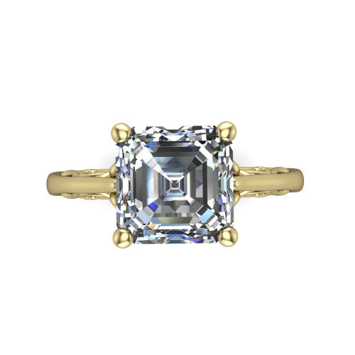Genesis asscher vintage solitaire engagement ring in 18K Yellow Gold with filigree scrollwork band, top-down view of the four-prong center and filigree shoulders