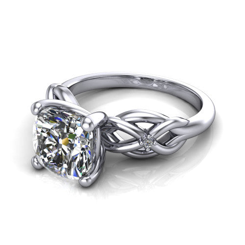 Josephine cushion love-knot engagement ring in Platinum with braided band, three-quarter perspective view