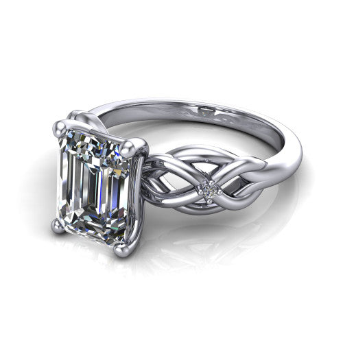 Josephine emerald love-knot engagement ring in 14K White Gold with braided band, three-quarter perspective view