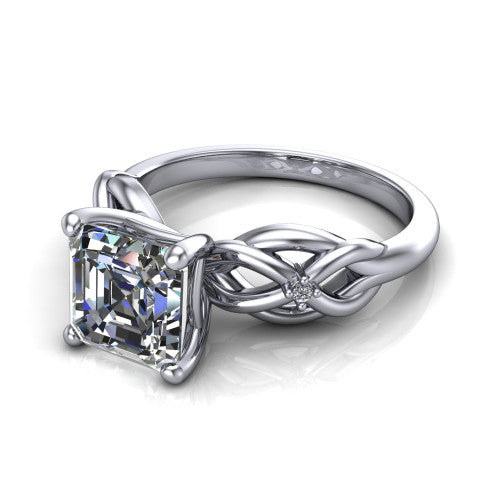 Josephine asscher love-knot engagement ring in 14K White Gold with braided band, three-quarter perspective view