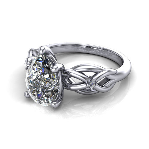 Josephine pear love-knot engagement ring in Platinum with braided band, three-quarter perspective view