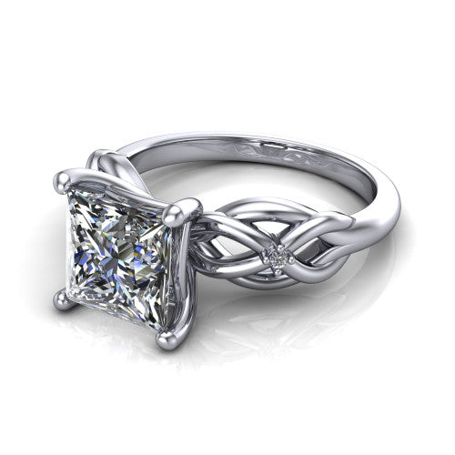 Josephine princess love-knot engagement ring in 18K White Gold with braided band, three-quarter perspective view