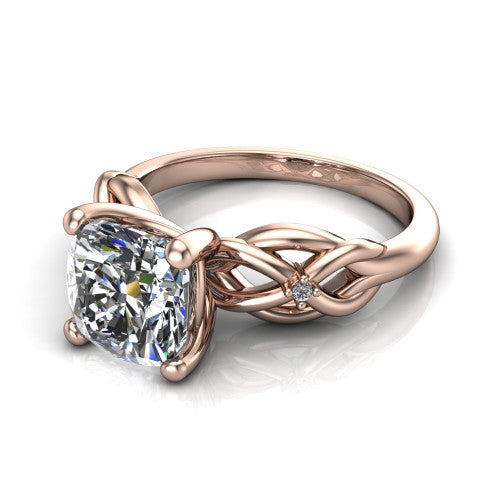Josephine cushion love-knot engagement ring in 18K Rose Gold with braided band, three-quarter perspective view