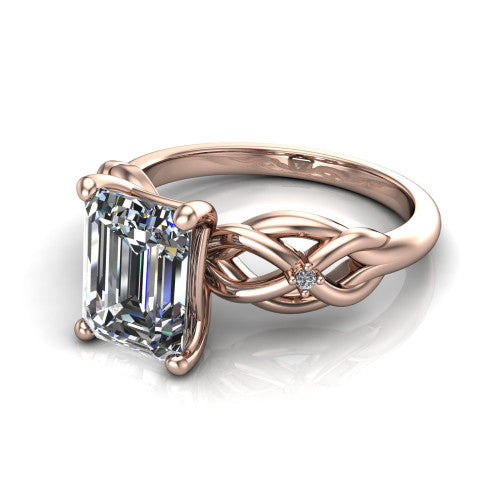 Josephine emerald love-knot engagement ring in 18K Rose Gold with braided band, three-quarter perspective view