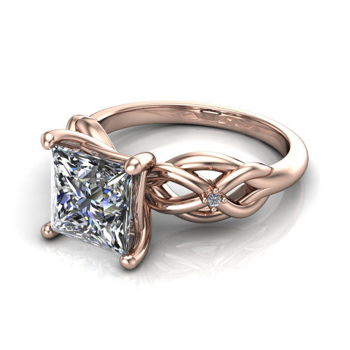 Josephine princess love-knot engagement ring in 18K Rose Gold with braided band, three-quarter perspective view