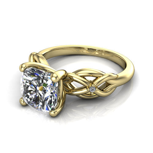 Josephine cushion love-knot engagement ring in 14K Yellow Gold with braided band, three-quarter perspective view