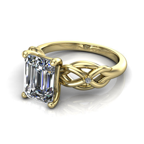 Josephine emerald love-knot engagement ring in 14K Yellow Gold with braided band, three-quarter perspective view