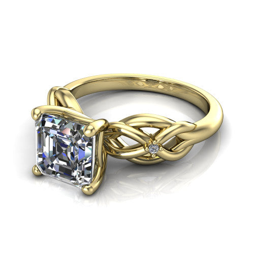 Josephine asscher love-knot engagement ring in 14K Yellow Gold with braided band, three-quarter perspective view
