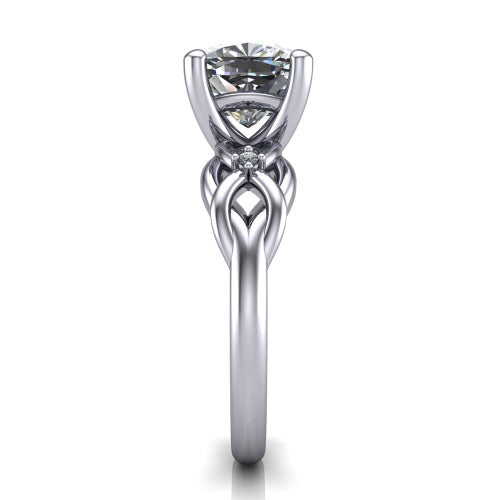 Josephine cushion love-knot engagement ring in 18K White Gold with braided band, side profile showing the braided love-knot band and knot gallery