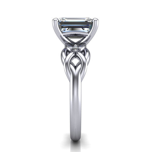 Josephine emerald love-knot engagement ring in Platinum with braided band, side profile showing the braided love-knot band and knot gallery