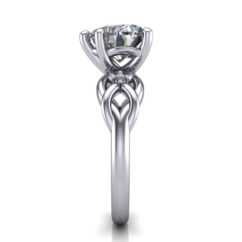Josephine heart love-knot engagement ring in 14K White Gold with braided band, side profile showing the braided love-knot band and knot gallery