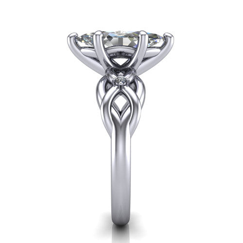 Josephine marquise love-knot engagement ring in 18K White Gold with braided band, side profile showing the braided love-knot band and knot gallery
