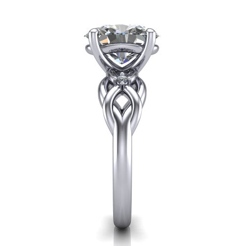 Josephine oval love-knot engagement ring in 18K White Gold with braided band, side profile showing the braided love-knot band and knot gallery