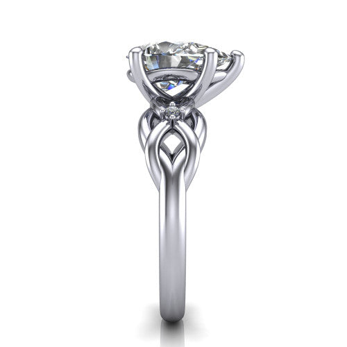 Josephine pear love-knot engagement ring in 18K White Gold with braided band, side profile showing the braided love-knot band and knot gallery