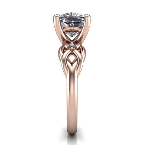 Josephine cushion love-knot engagement ring in 14K Rose Gold with braided band, side profile showing the braided love-knot band and knot gallery