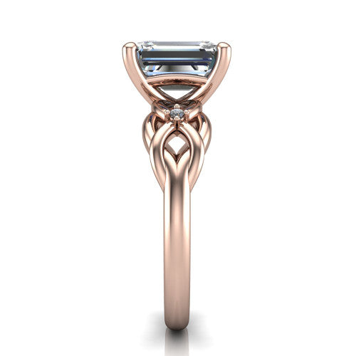 Josephine emerald love-knot engagement ring in 18K Rose Gold with braided band, side profile showing the braided love-knot band and knot gallery