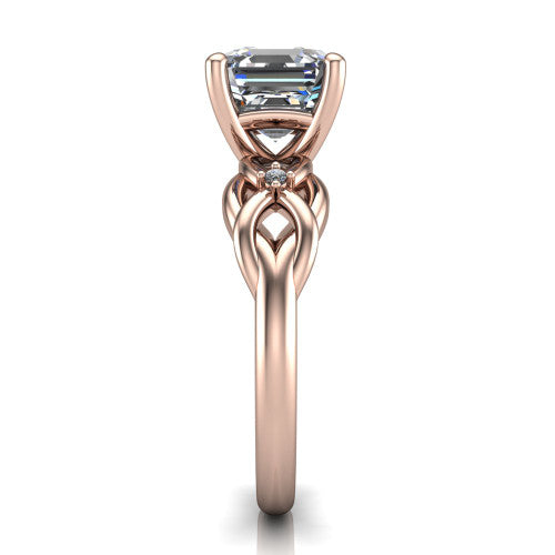 Josephine asscher love-knot engagement ring in 18K Rose Gold with braided band, side profile showing the braided love-knot band and knot gallery