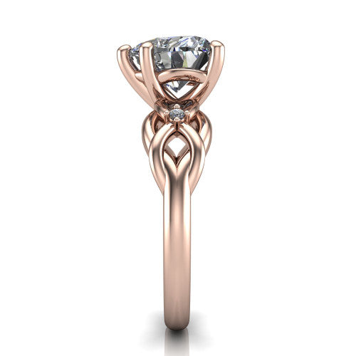 Josephine heart love-knot engagement ring in 18K Rose Gold with braided band, side profile showing the braided love-knot band and knot gallery