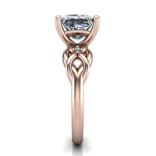 Josephine princess love-knot engagement ring in 18K Rose Gold with braided band, side profile showing the braided love-knot band and knot gallery