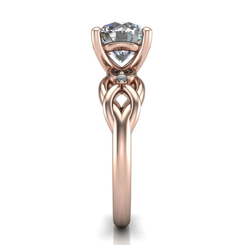 Josephine round love-knot engagement ring in 18K Rose Gold with braided band, side profile showing the braided love-knot band and knot gallery