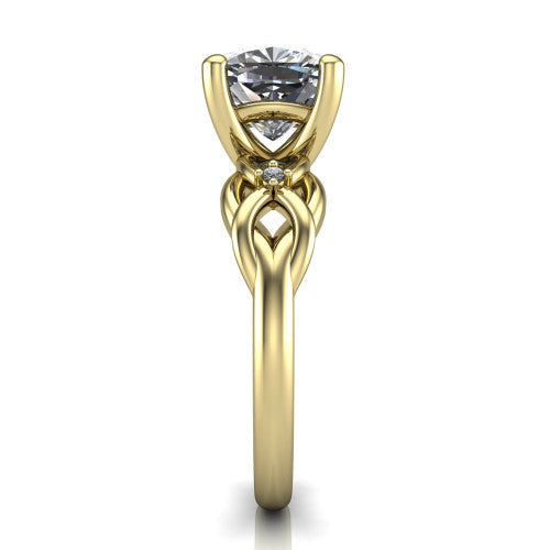 Josephine cushion love-knot engagement ring in 14K Yellow Gold with braided band, side profile showing the braided love-knot band and knot gallery