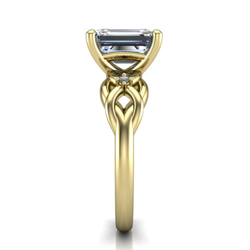 Josephine emerald love-knot engagement ring in 14K Yellow Gold with braided band, side profile showing the braided love-knot band and knot gallery