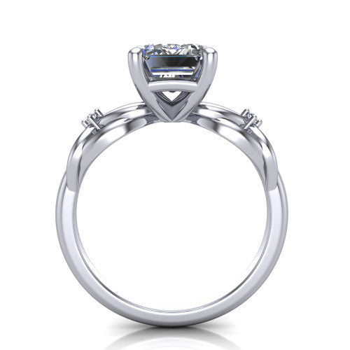 Josephine emerald love-knot engagement ring in 14K White Gold with braided band, through-finger front profile