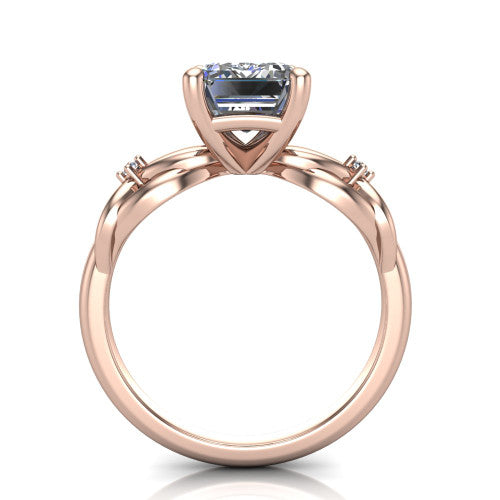 Josephine emerald love-knot engagement ring in 18K Rose Gold with braided band, through-finger front profile