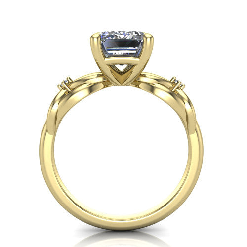 Josephine emerald love-knot engagement ring in 18K Yellow Gold with braided band, through-finger front profile