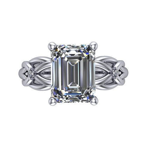 Josephine emerald love-knot engagement ring in 14K White Gold with braided band, top-down view of the four-prong center and woven knot shoulders